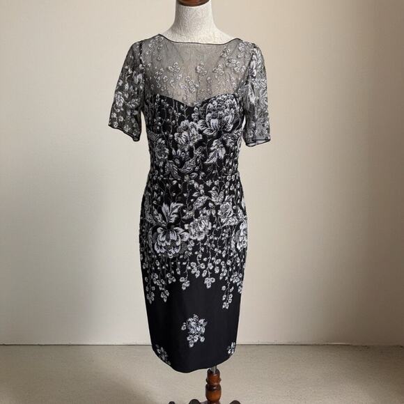 Badgley Mischka floral lace overlay sheath dress 14 mother of bride LBD designer - Picture 11 of 14